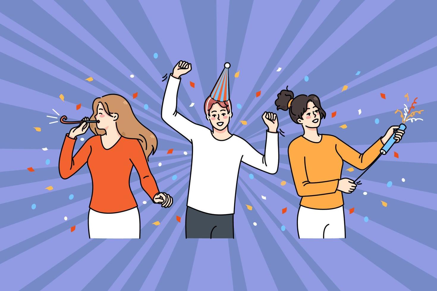 lleno de alegría diverso joven personas tener divertido celebrar juntos. sonriente hombres y mujer disfrutar celebracion o fiesta bailando y entretenido. amistad y entretenimiento. vector ilustración.