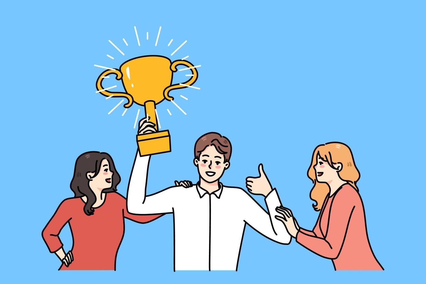 Overjoyed man employee with golden trophy in hands feel confident winning. Smiling women attracted to successful businessman holding award. Success and victory. Vector illustration.