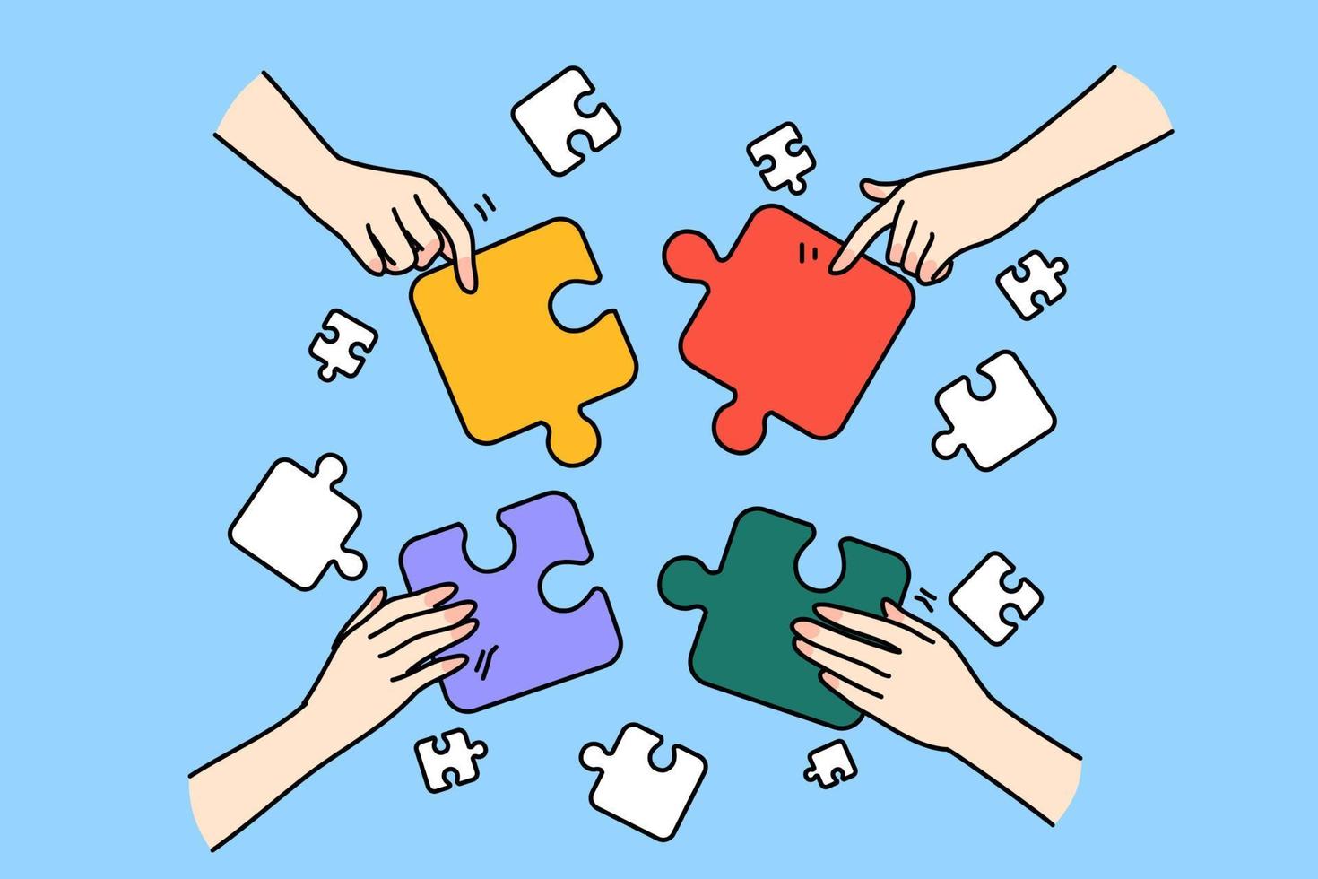 Close up of diverse people hands connect jigsaw involved in teambuilding activity together. Businesspeople or employees join puzzles participate in game. Teamwork. Vector illustration.