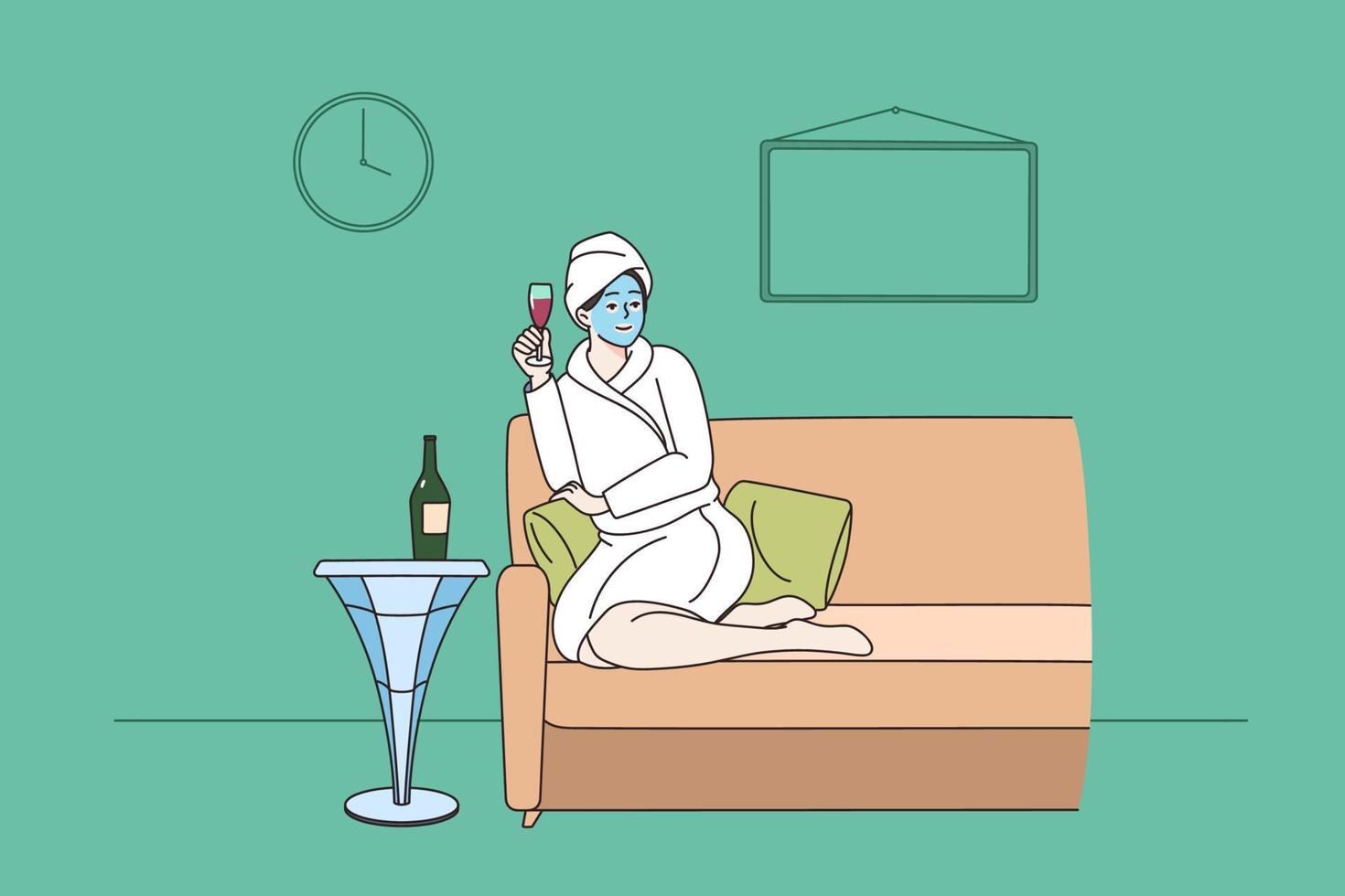Happy woman in bathrobe relax on sofa in spa with glass of champagne enjoy leisure weekend alone. Smiling girl with mask on face have dayoff in saloon. Beauty day concept. Vector illustration.