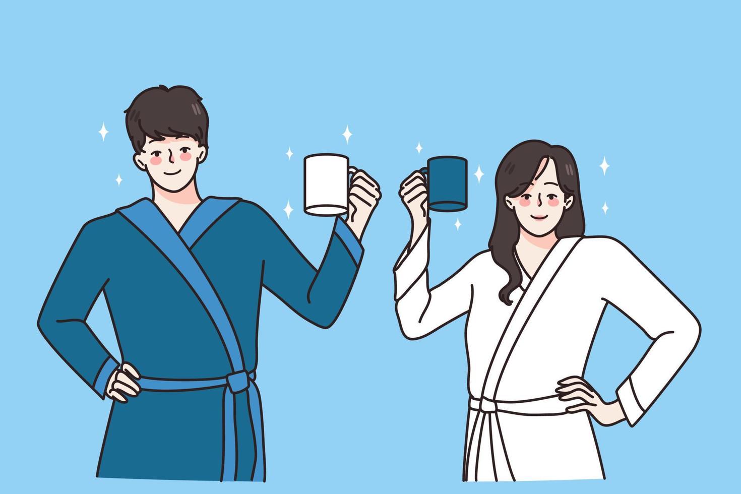 Happy young couple in bathrobes hold mugs drinking coffee in morning welcome new day. Smiling man and woman with cups have breakfast at home together. Habit concept. Vector illustration.