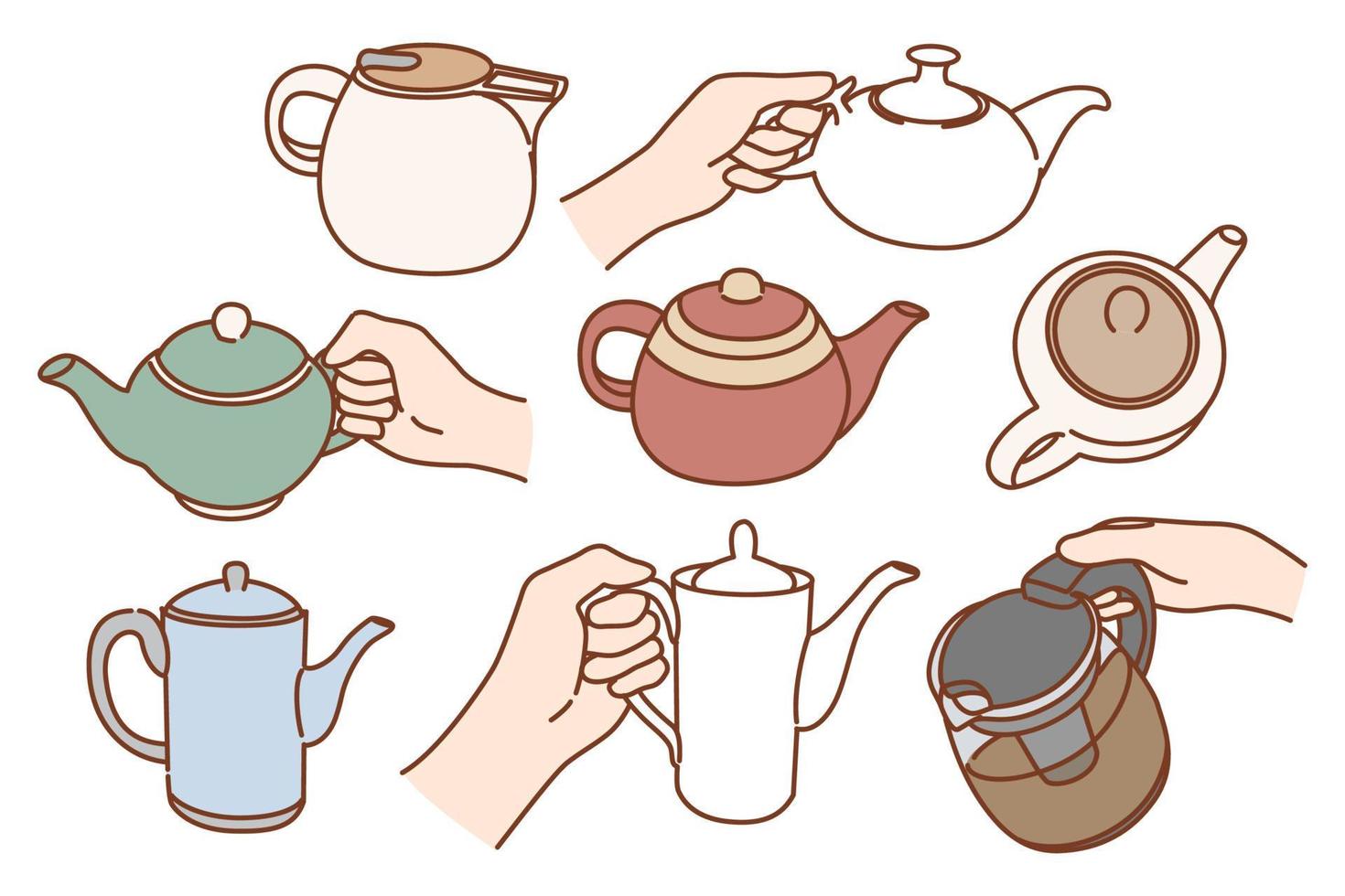 conjunto de diverso hervidores de diferente formas y tamaños colección de teteras para té ceremonia. persona mano sostener batería de cocina servir calentar caliente bebida en cocina. hogar aparato. vector ilustración.