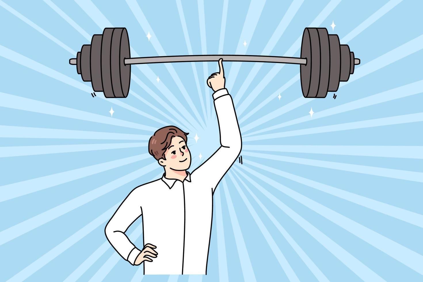 Smiling young businessman hold heavy barbell on finger show power and strength. Happy powerful confident man employee demonstrate success and leadership. Flat vector illustration.