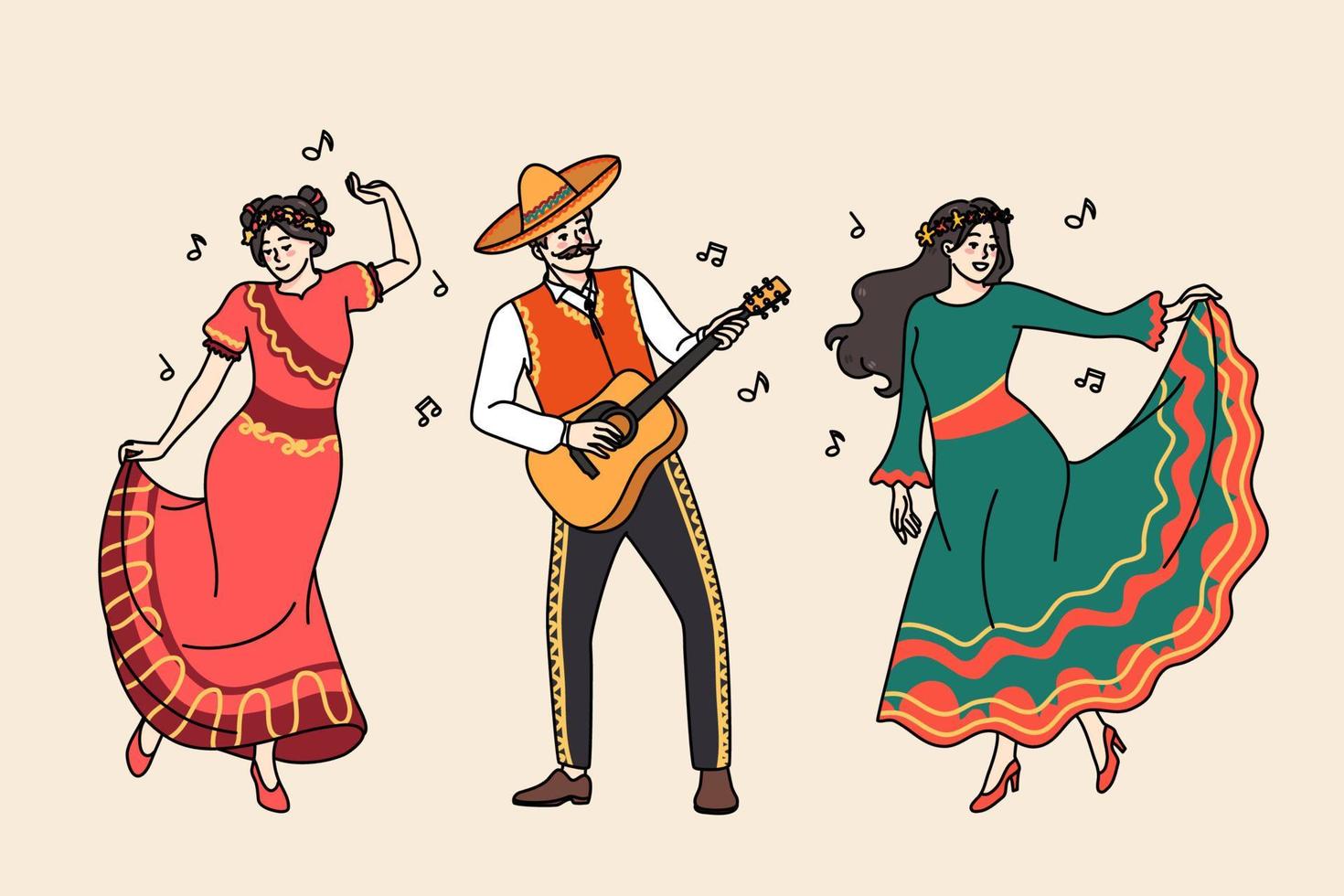 Happy men and women in traditional clothes dance together to guitar on Mexican carnival. Smiling Mexicans in costumes enjoy festive national celebration play music. Flat vector illustration.