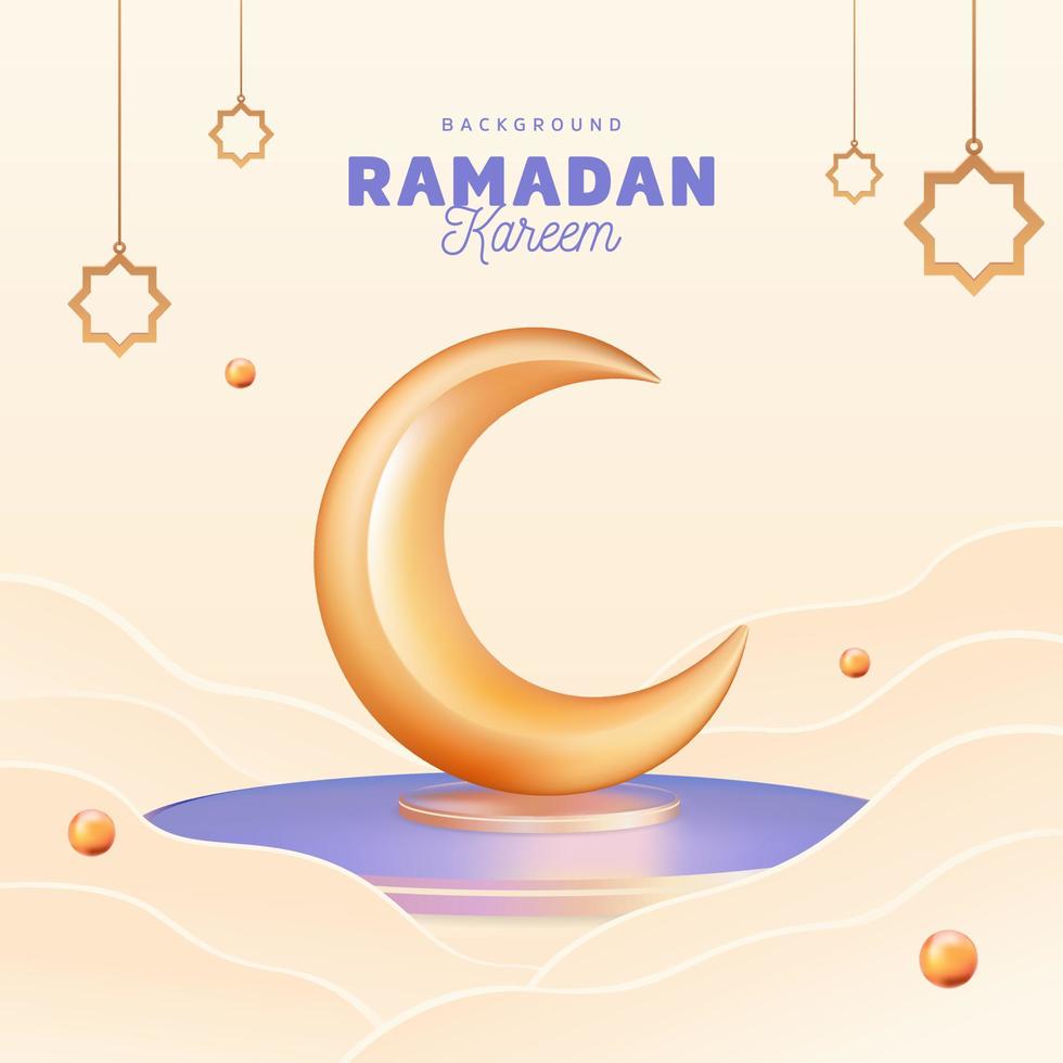 Ramadán kareem creciente Luna en el podio etapa estrella ornamento con nube bandera antecedentes azul oro color vector