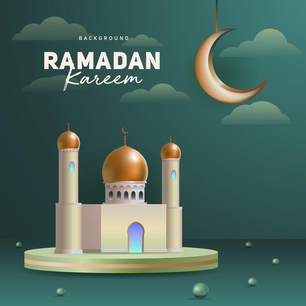 Ramadan Kareem Template Banner Mosque with Crescent Moon Vector Illustration Green Color