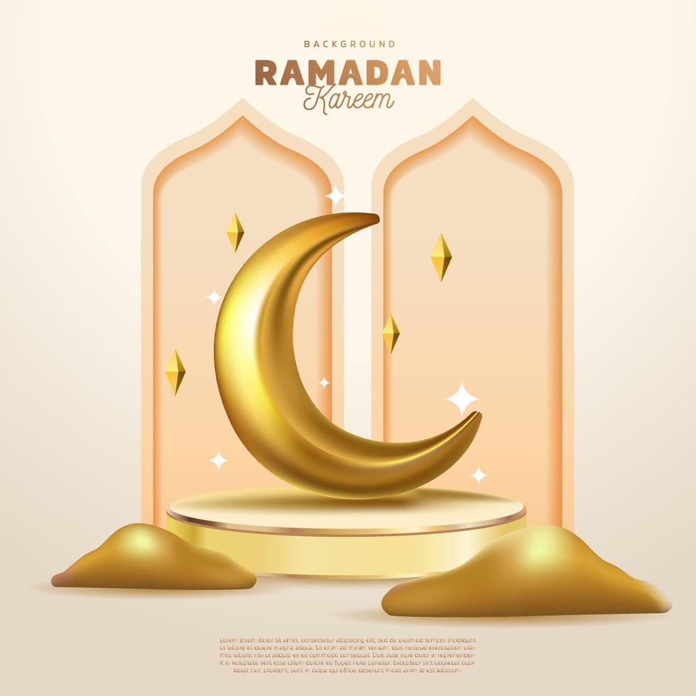 Ramadán bandera diseño modelo podio etapa con creciente Luna y Desierto elegante oro color vector