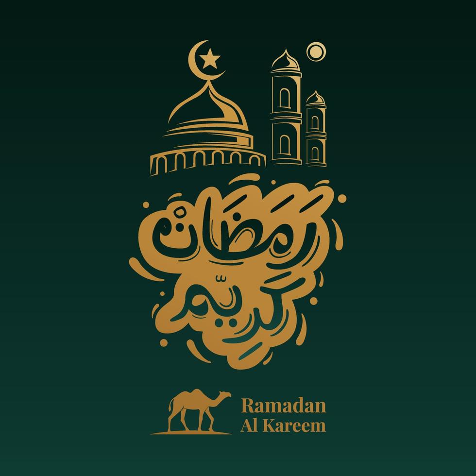 Ramadan Kareem in Arabic Text Mosque Gold Green Color vector