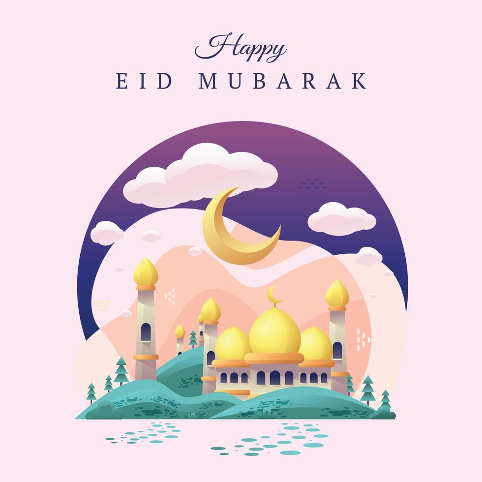 Eid Mubarak Mosque in Desert Cartoon Illustration Islamic Background vector