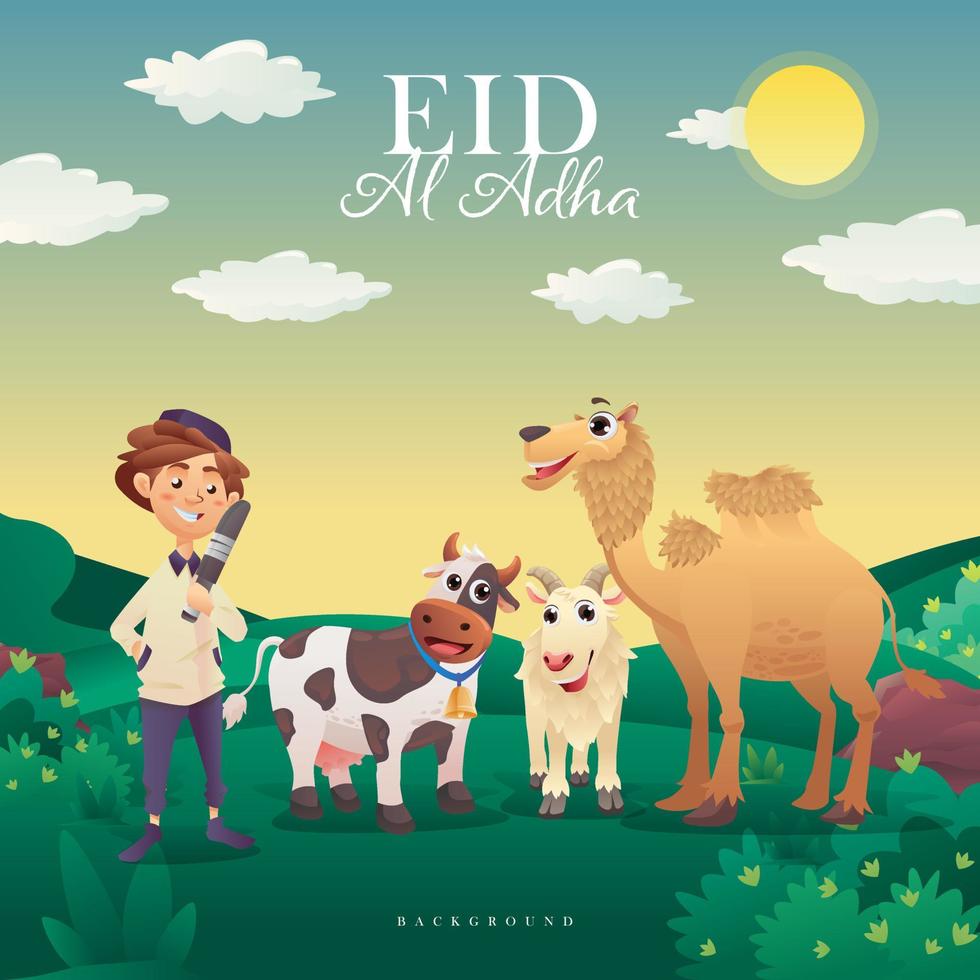 eid adha musulmán chico con animales dibujos animados personaje vector ilustración