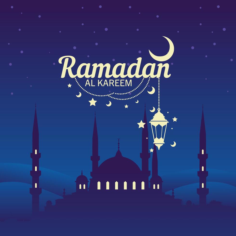 Ramadán kareem diseño bandera mezquita en el noche vector ilustración