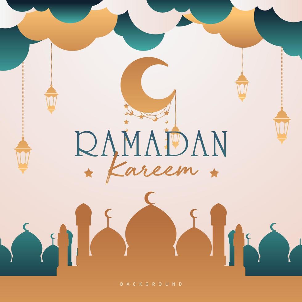 Ramadán kareem diseño bandera mezquita con nubes y linterna verde oro color vector ilustración