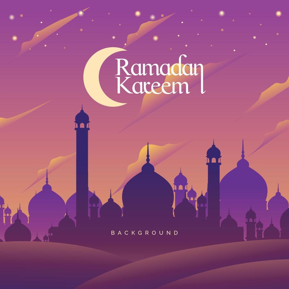 Ramadan Kareem Mosque Under Cresent Moon Beauty Sky Purple Pink Yellow Cartoon Illustration vector