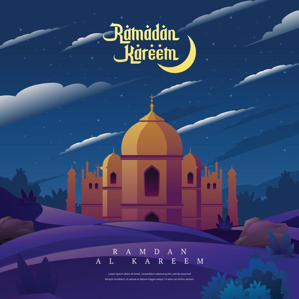 Ramadan Kareem Mosque Night Under Cresent Moon Cartoon Illustration vector