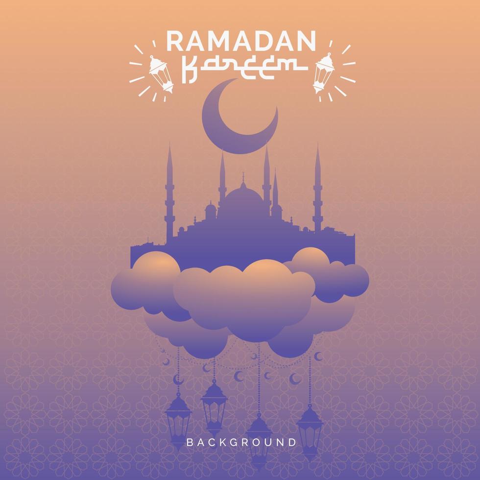 Ramadan Kareem Greeting Card Design Mosque Flying with Clouds vector illustration