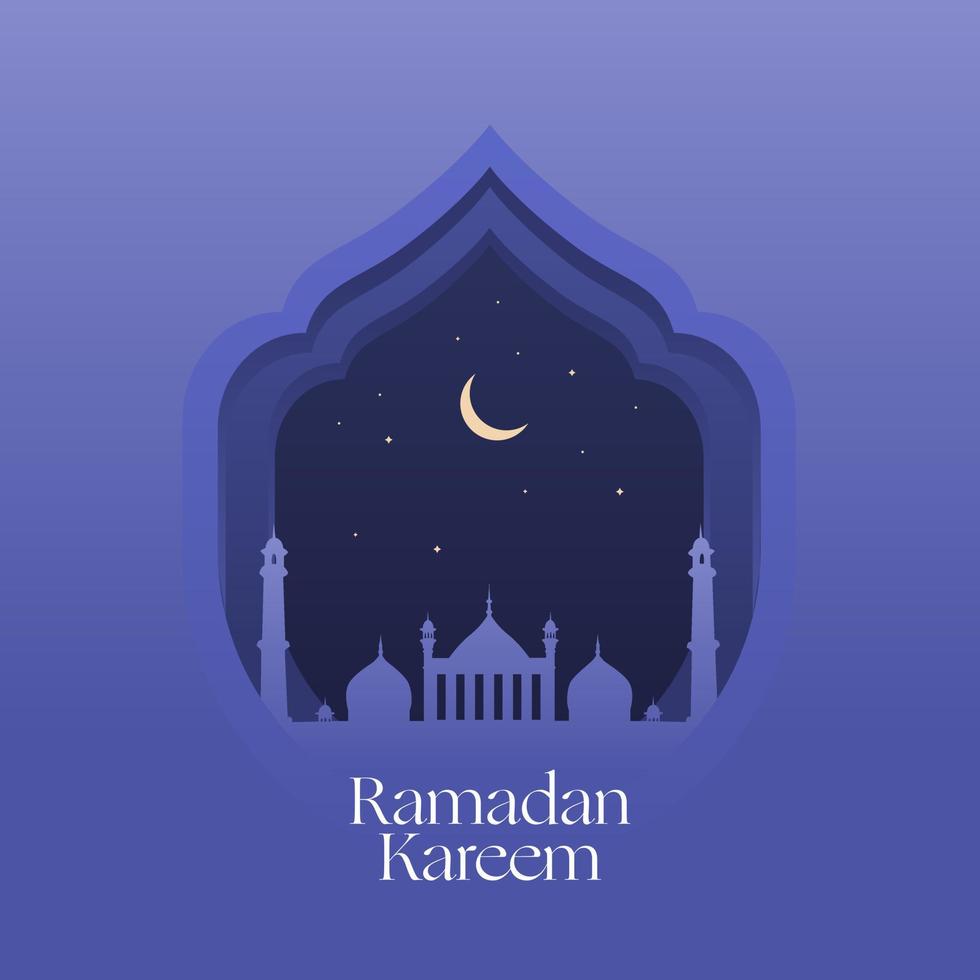 Ramadán kareem saludo con mezquita y púrpura antecedentes vector