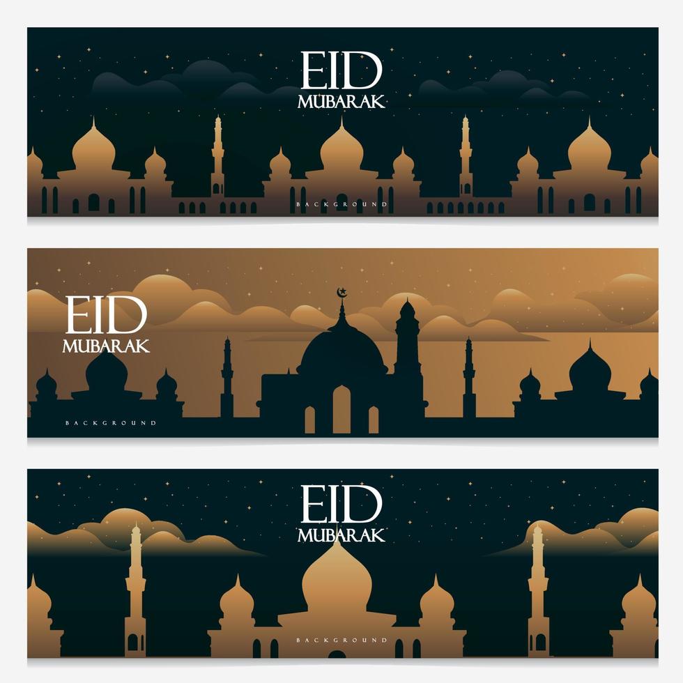 eid Mubarak bandera modelo diseño conjunto con dorado mezquita y verde antecedentes vector