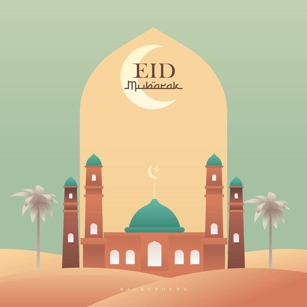 Eid Mubarak Greeting Card with Beauty Mosque in the Desert with Pastel Color Vector Illustration