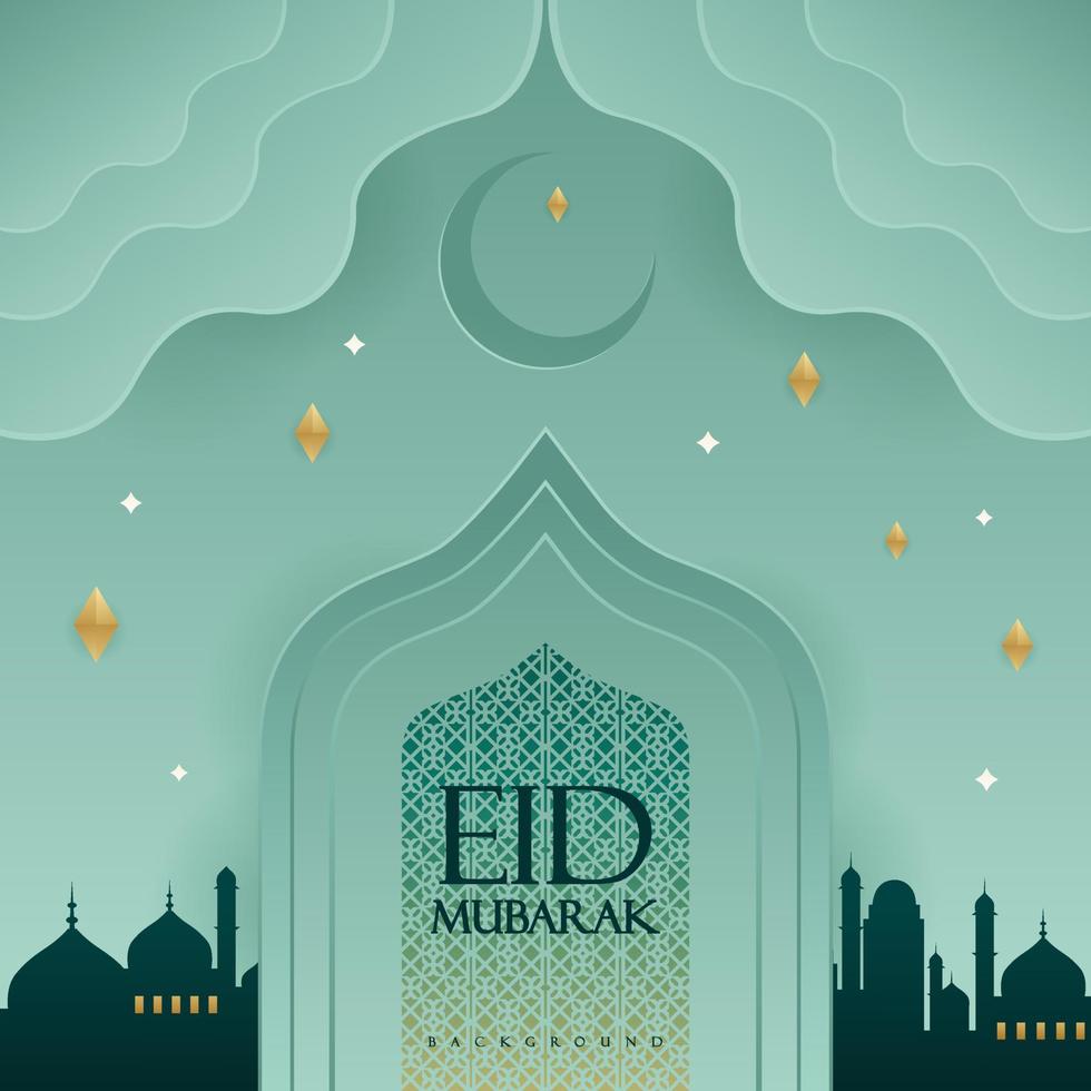 Eid Mubarak Design Template Gate with Paper Style Green Color Background vector