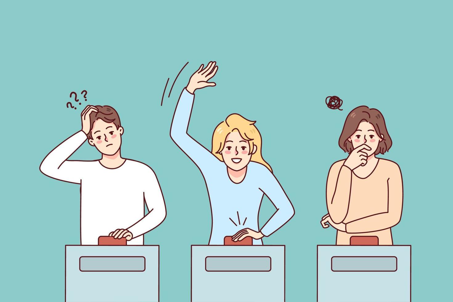 Diverse people participate in quiz show answering questions. Men and women take part in gambling game on TV. Flat vector illustration.