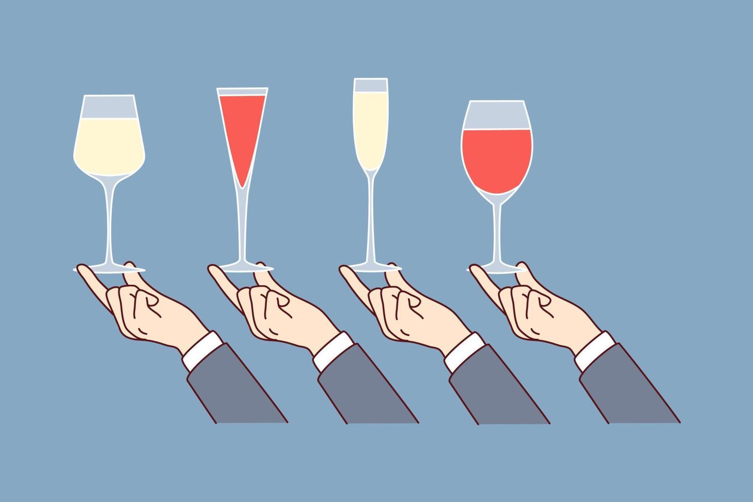 Hands holding diverse glasses with alcoholic beverages. Sommelier tasting alcohol. Party or celebration. Drinks at bar. Flat vector illustration.