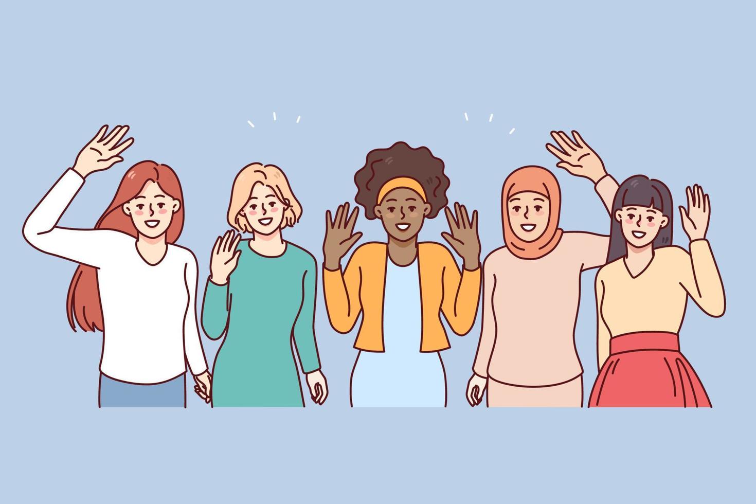 Happy diverse women waving hands showing international friendship and unity. Smiling multiethnic girlfriends group. Diversity concept. Vector illustration.