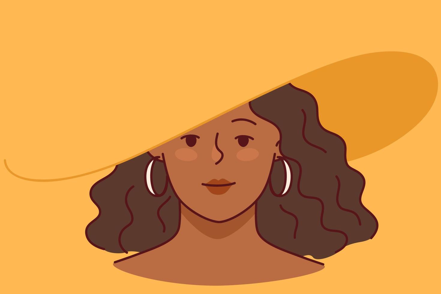 Happy confident African American woman wearing summer hat. Smiling biracial girl in headwear. Vector illustration.