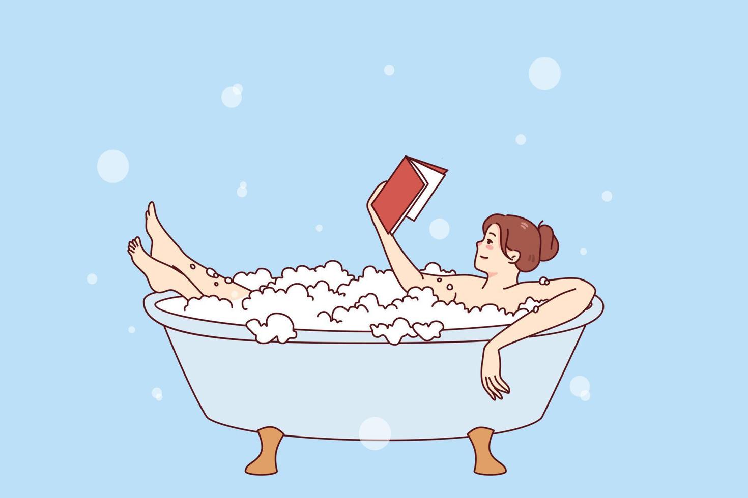 contento joven mujer relajante en bañera con espuma leyendo libro. calma niña descanso en bañera con burbujas disfrutar literatura lectura. fin de semana y relajación. vector ilustración.