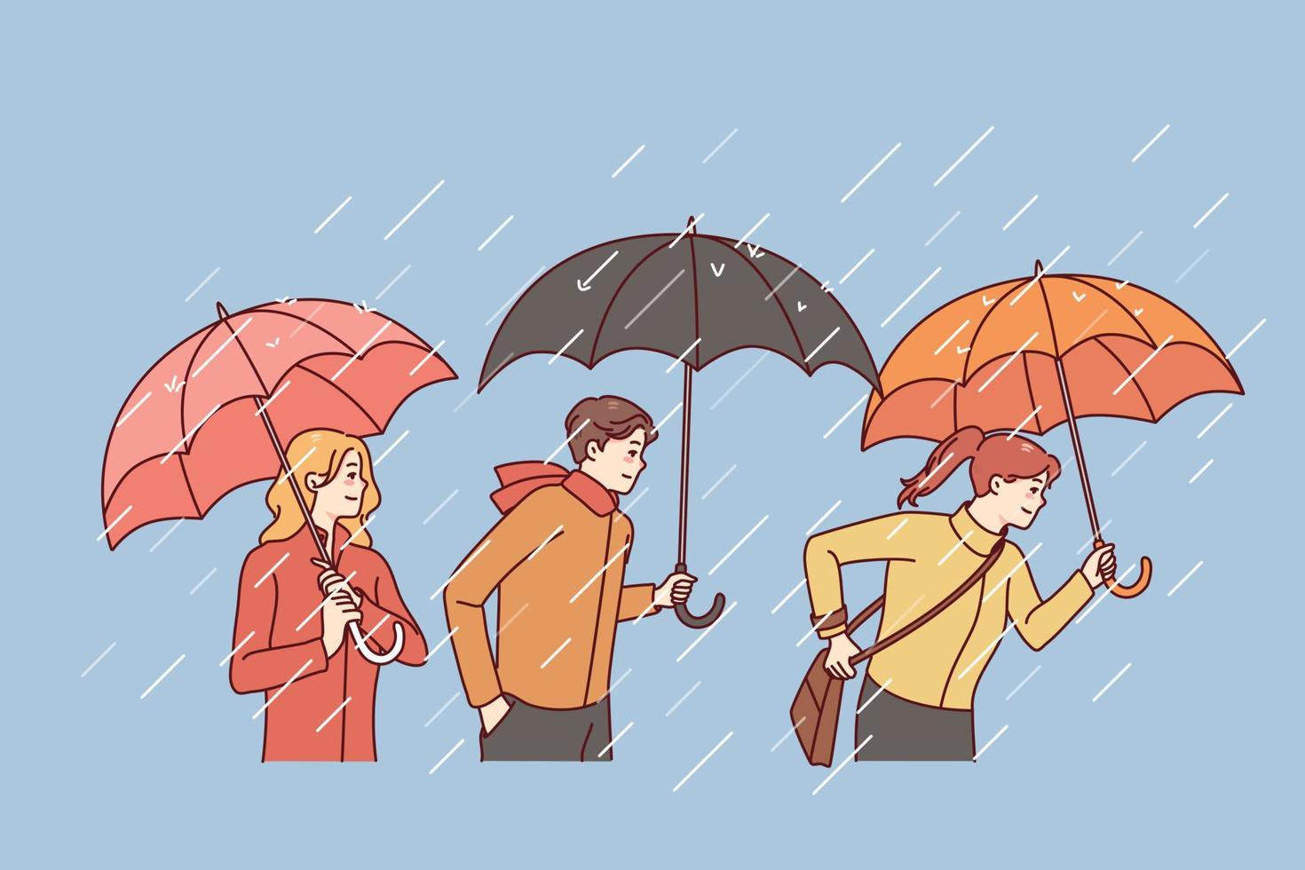 personas con paraguas caminando en lluvioso día. hombres y mujer fuera de debajo lluvia. clima cambios, otoño temporada concepto. vector ilustración.