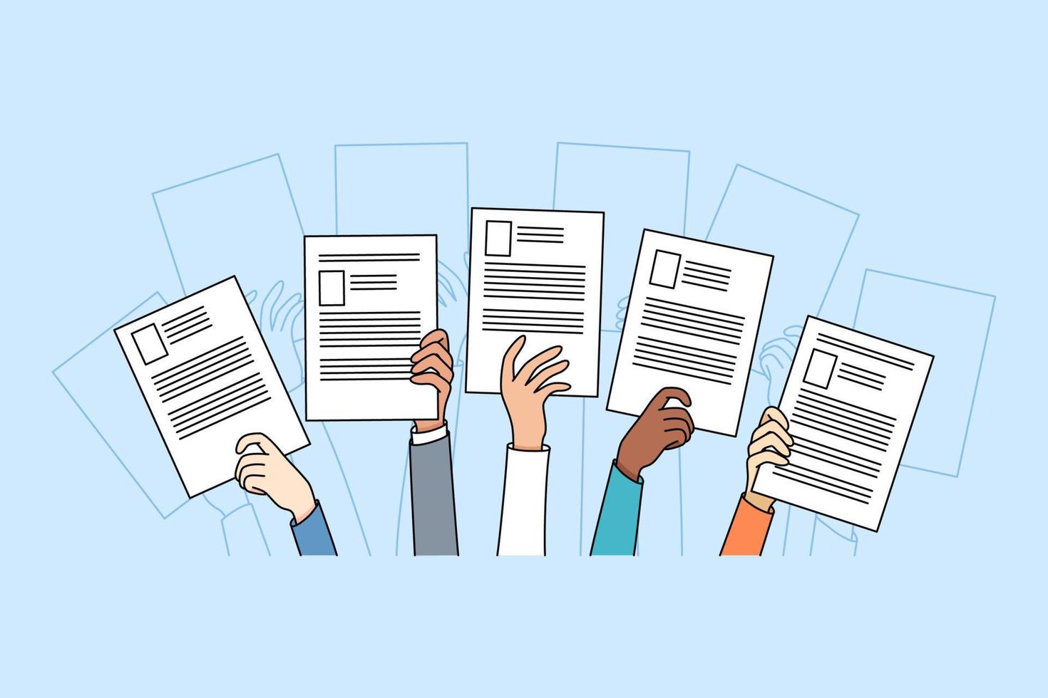 Diverse people hands raise up holding resume or CV offer candidacy at open position. Applicants or candidate apply for job. Employment and competition. Hiring and hr. Vector illustration.