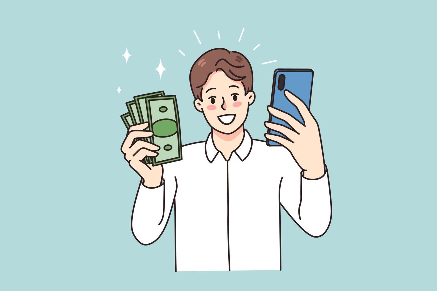 Smiling man holding smartphone and money excited with online lottery victory. Happy guy win cash on internet using cellphone. Working distant from mobile phone. Vector illustration.