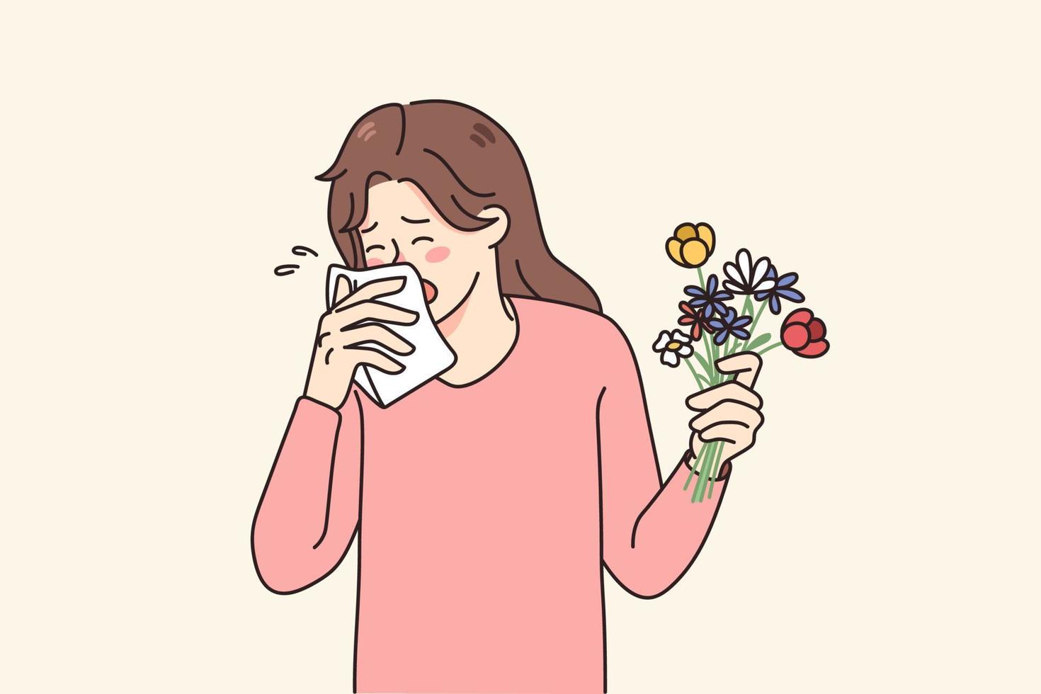 enfermo joven mujer estornudar teniendo alergia a flores insalubre niña sostener floral ramo de flores sensación alérgico a estacional plantas. cuidado de la salud concepto. plano vector ilustración.
