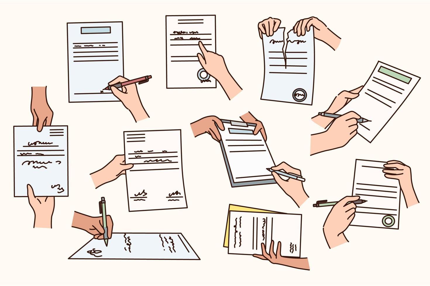 Set of diverse people hands put signature close contract or make agreement. Collection of person sign or dissolve paperwork. Negotiation and official document. Vector illustration.