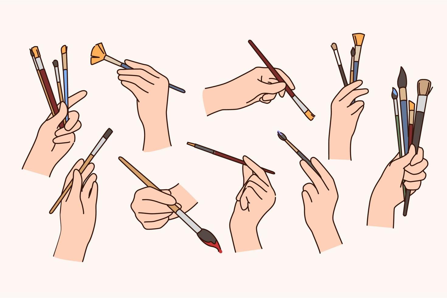 Set of person hands holding painting brushes. Collection of people artists or painter with artistic tools and equipment. Hobby and activity. Paintbrush. Flat vector illustration.