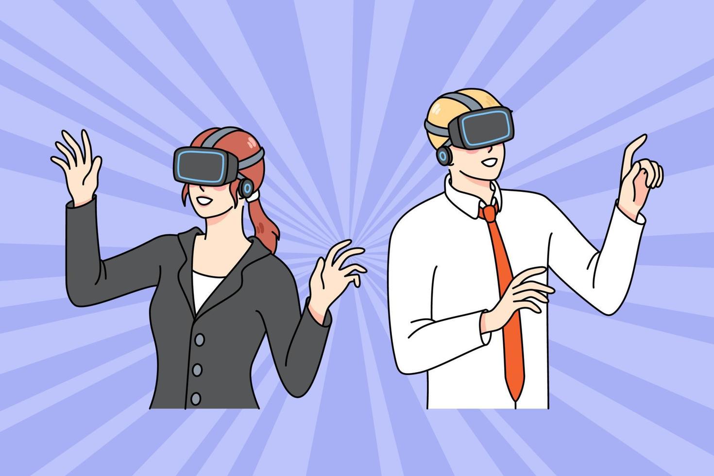 Diverse businesspeople in VR glasses explore new reality surroundings. Man and woman employees in virtual reality headsets use modern technologies at work. Flat vector illustration.