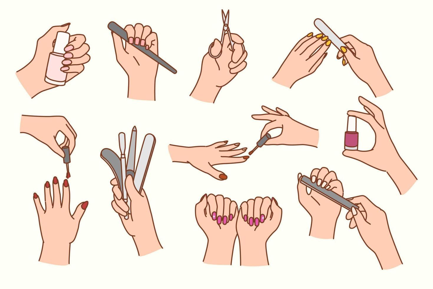 conjunto de mujer hacer manicura con especial herramientas y equipo. colección de hembra uña higiene y mano rutina tratamiento. spa y belleza salón cuidado. vector ilustración.