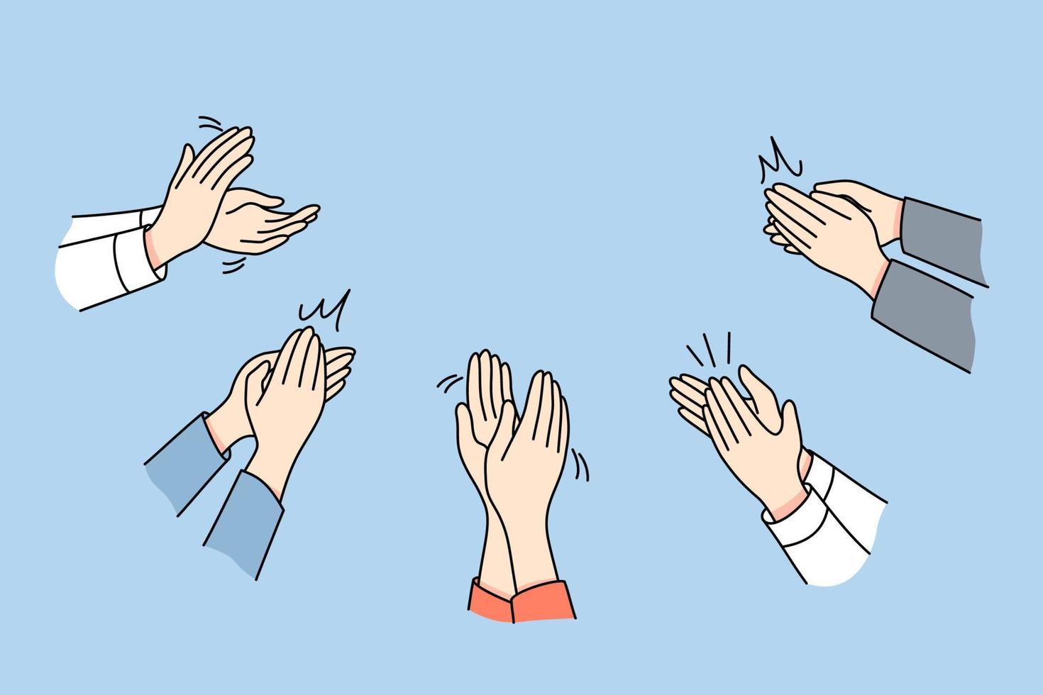 Close up of diverse people clap hands show appreciation and acknowledgement. Men and women businesspeople applaud feel grateful thankful for presenting. Vector illustration.