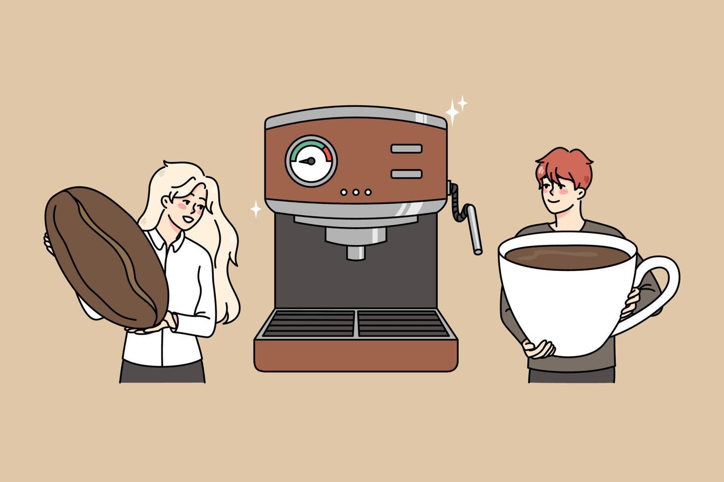 Diverse baristas make coffee in modern machine. Happy people prepare hot beverage espresso or cappuccino from fresh brewed beans. Coffeeshop concept. Vector illustration.