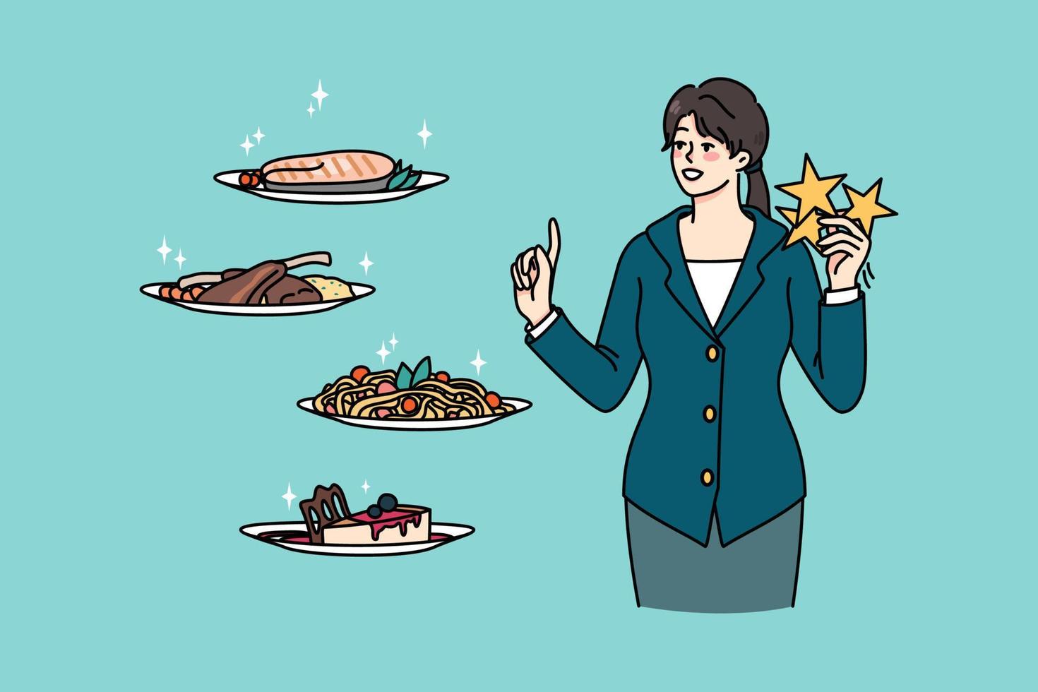Smiling woman client with stars in hand rate dishes in restaurant. Happy female customer assess food or high quality service for outdoor eating. Feedback and opinion. Vector illustration.