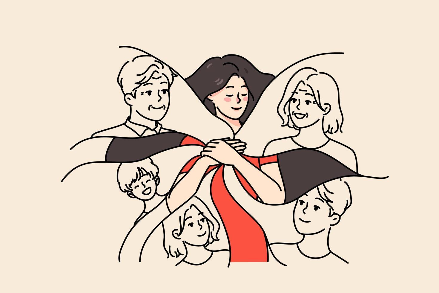 Calm happy young woman keep family in heart. Smiling grateful girl feel love and care to relatives. Emotional bond and attachment concept. Good relationship. Flat vector illustration.