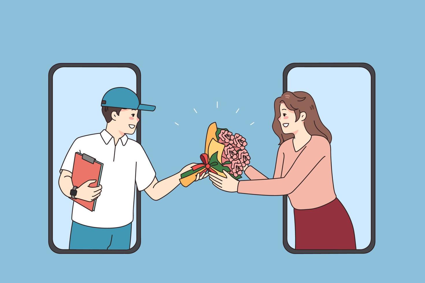 sonriente repartidor dar flores a emocionado mujer hacer orden en línea en teléfono inteligente contento hombre mensajero cavador ramo de flores a hembra cliente con móvil Teléfono móvil aplicación plano vector ilustración.