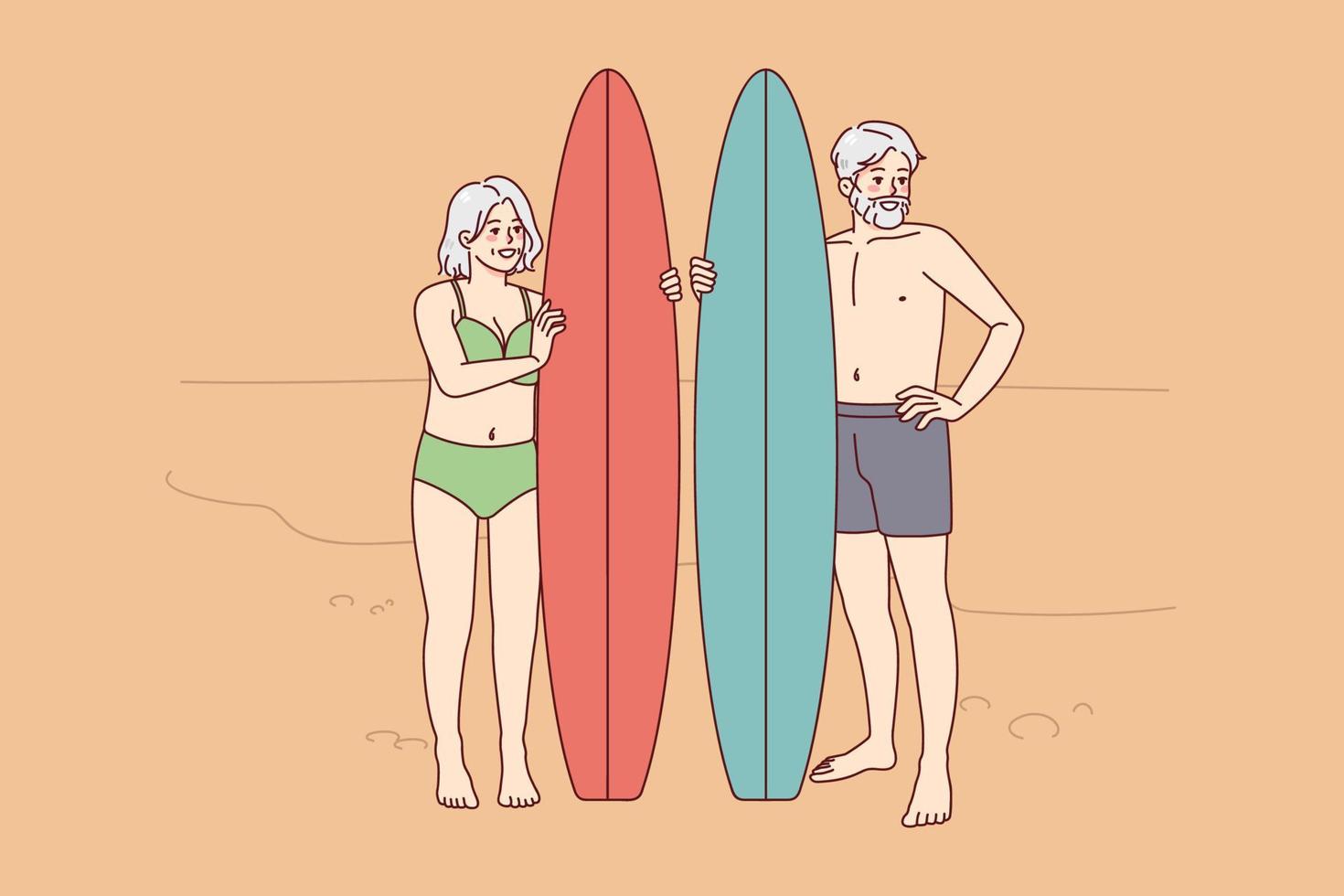 Happy older people with surfboards standing on beach. Energetic active elderly man and woman enjoy surfing. Good maturity. Vector illustration.