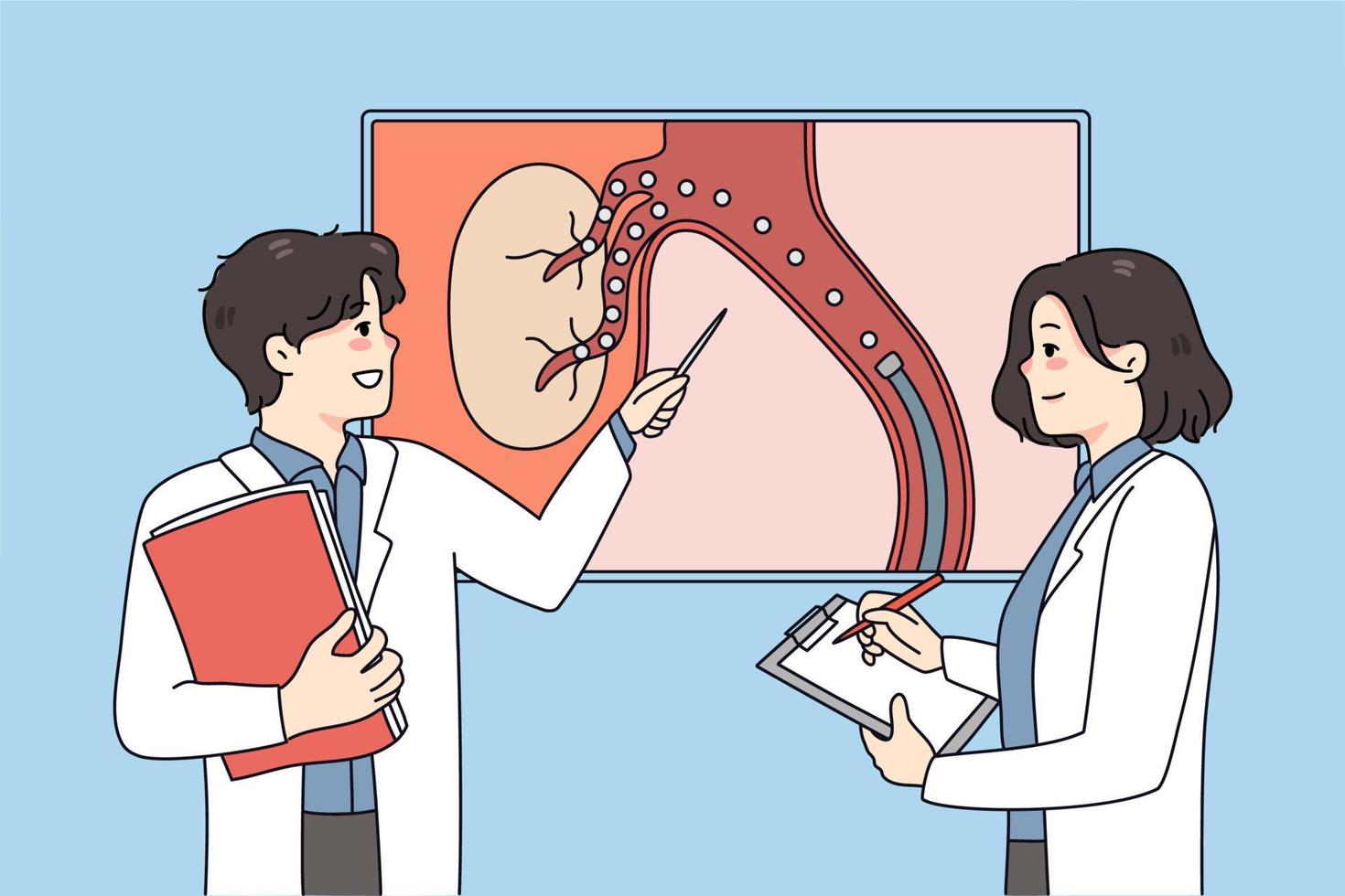 Doctors brainstorm talk about patient embolization. Medical colleague discuss diagnosis looking at organ picture. Hepatology and liver problem. Vector illustration.