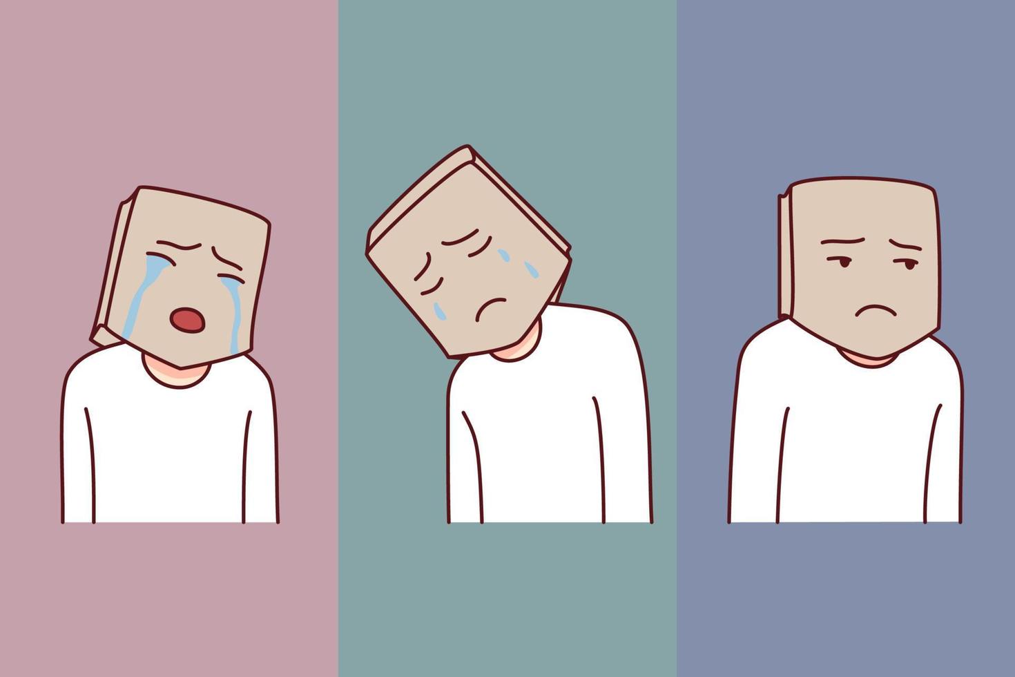 Person head in paper bag suffer from psychological mental problems. Man hide emotions struggling from depression or low self-esteem. Emotional instability. Vector illustration.