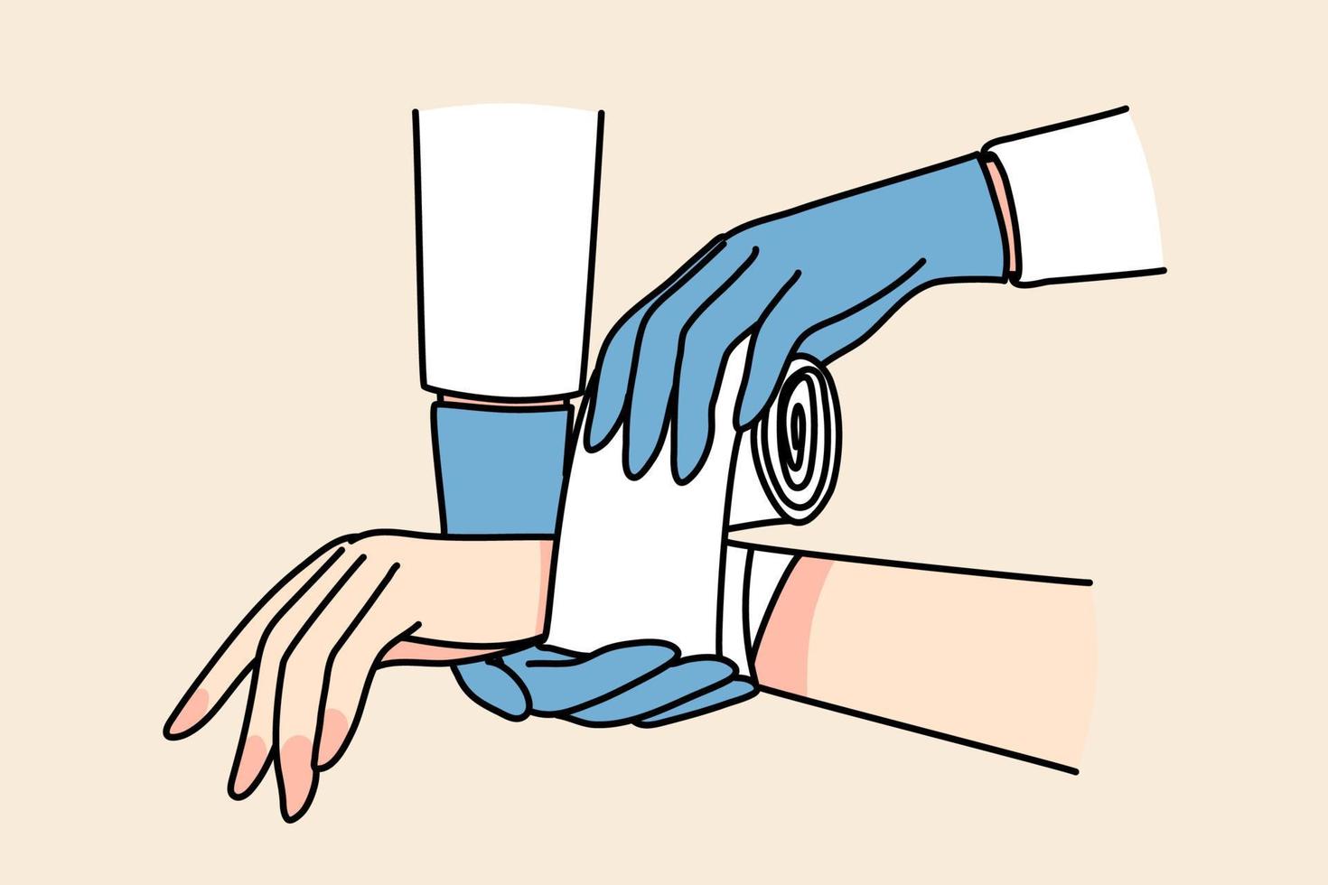 Closeup of doctor put bandage on patient hand. Therapist or nurse give first aid to person with injury or trauma. Medicine and healthcare concept. Vector illustration.