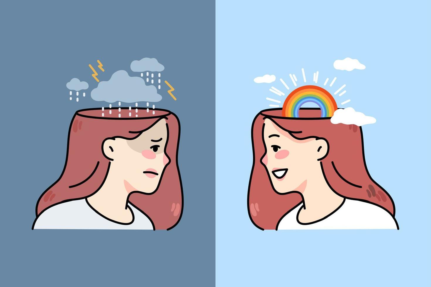 Young woman with bad mood and good mood. Unhappy and happy girl emotions. Concept of human emotional state and mindset. Flat vector illustration.