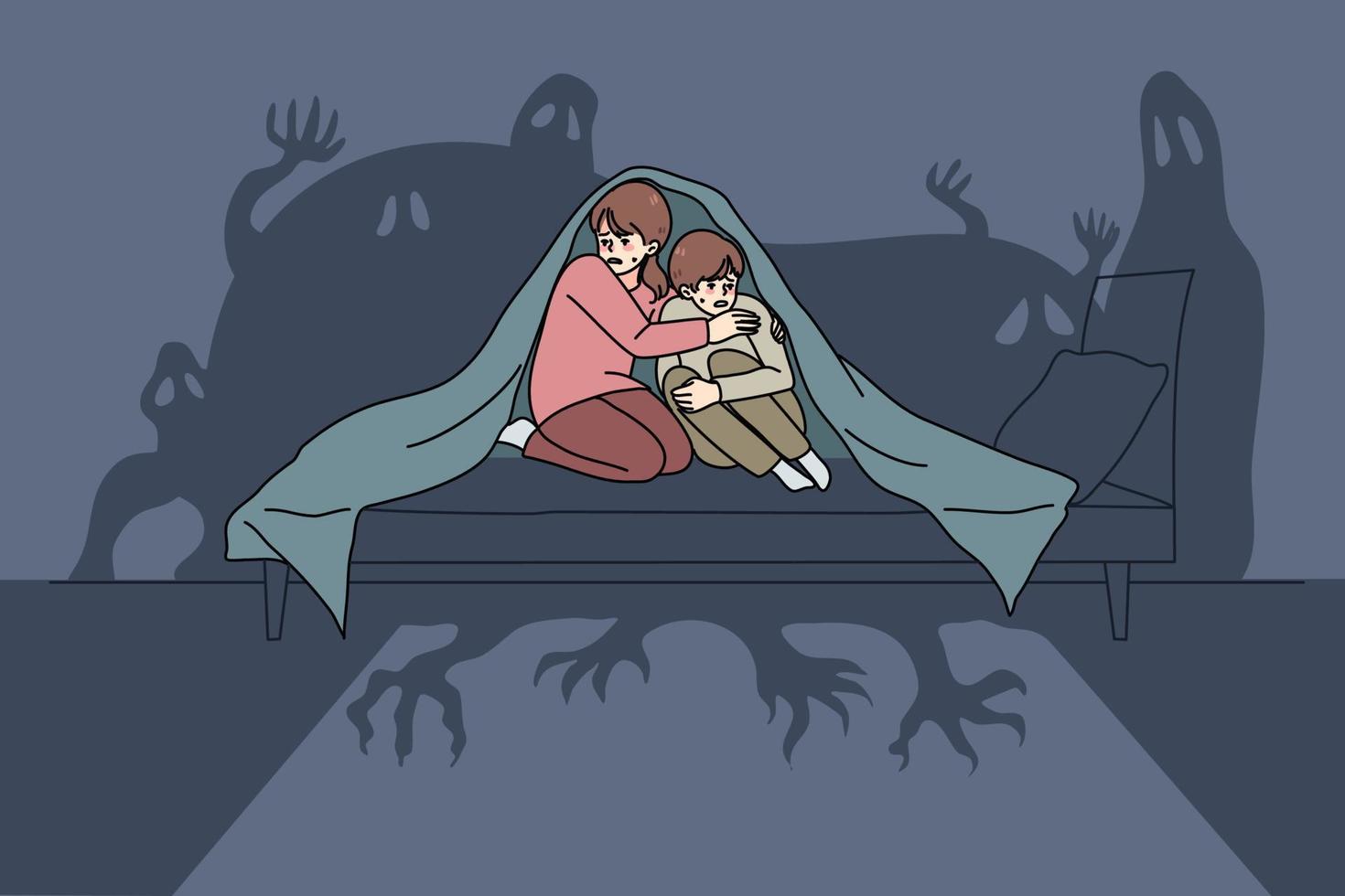 Scared small children sit on bed under blanket terrified by imaginary monsters. Frightened little kids feel fear and anxiety because of house ghosts. Childhood nightmare. Vector illustration.