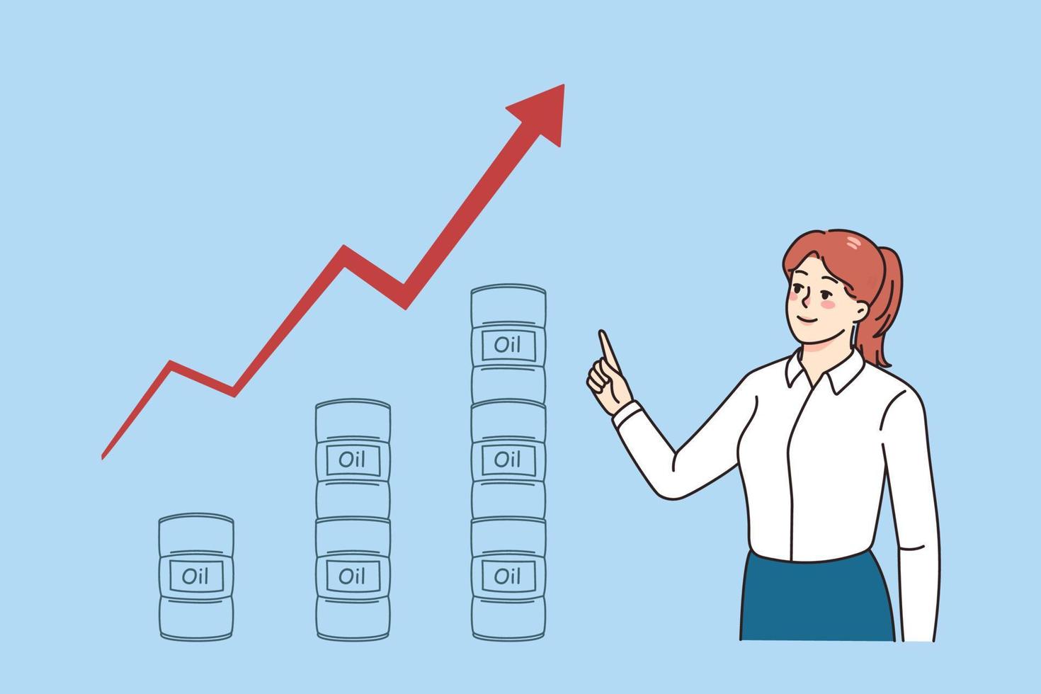 Smiling businesswoman show oil and gas prices rise on stock market. Female employee demonstrate increase in fuel and petroleum on graph or chart. Gasoline stocks. Vector illustration.