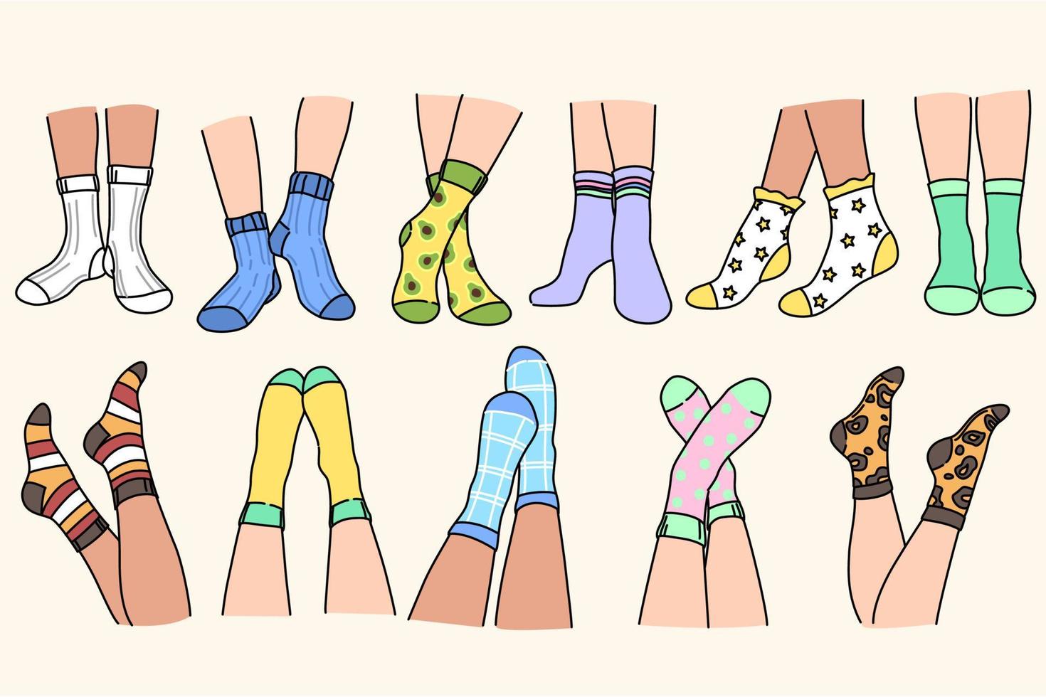 Set of people legs in colorful funny socks. Collection of woman feet in multicolored footgear. Fashion and sale in retail. Advertising concept. Flat vector illustration.