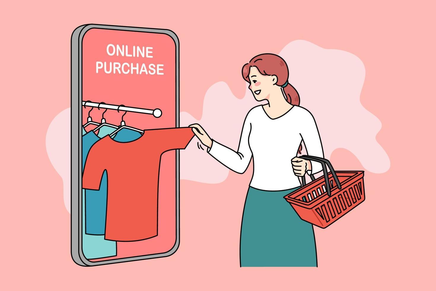 Smiling woman shopping online on app on modern smartphone. Happy female client or buyer purchase order clothes on internet using cellphone application. Consumerism. Vector illustration.